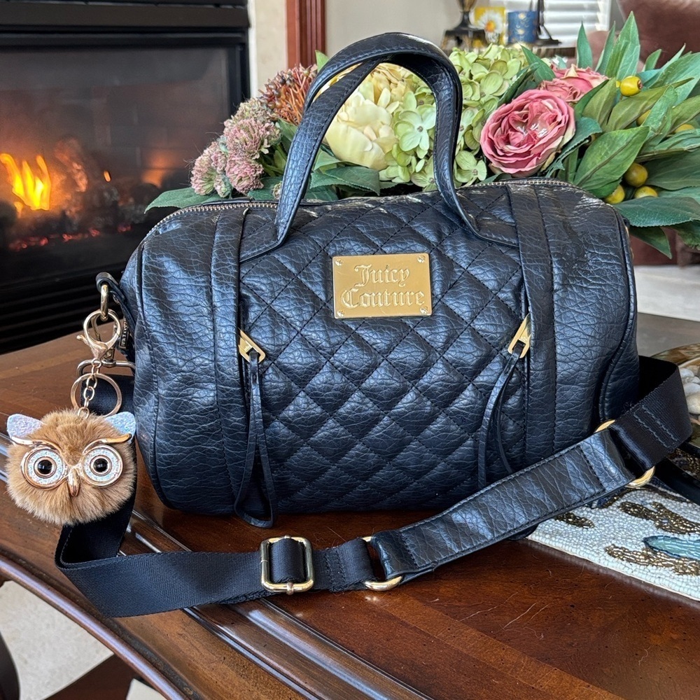 Vintage Juicy Couture Black Quilted Zippered Satchel Crossbody Gold Tone Accents